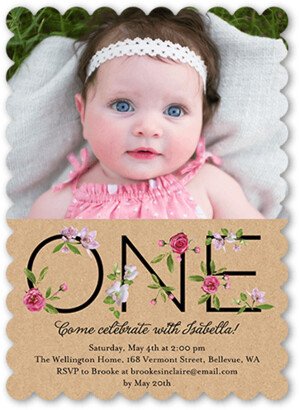 Baby Girl's 1St Birthday Invitations: Floral One Birthday Invitation, Beige, 5X7, Pearl Shimmer Cardstock, Scallop