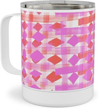 Travel Mugs: Brush Stripes Geometric - Pink Stainless Steel Mug, 10Oz, Pink