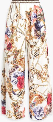 Embellished printed silk crepe de chine wide-leg pants