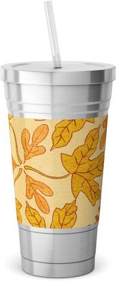 Travel Mugs: Autumn Leaf Kaleidoscope Stainless Tumbler With Straw, 18Oz, Orange