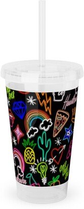 Travel Mugs: Neon Signs - Black Acrylic Tumbler With Straw, 16Oz, Multicolor