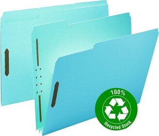 Smead 100% Recycled Pressboard Fastener File Folder, 1/3-Cut Tab, 2 Expansion, Letter Size, Blue, 25 per Box (15001)