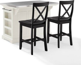 Julia Stainless Steel Top Island with 2 Black X-Back Stools White