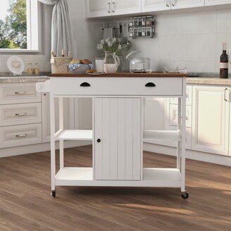 BESTCOSTY Lockable Wheels Kitchen Island with Adjustable Shelf and Towel Bar