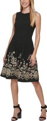 Petites Womens Embroidered Mini Fit & Flare Dress