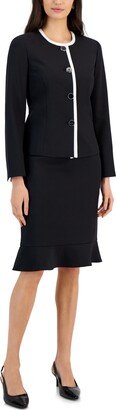 Women's Framed Collarless Jacket & Flounce-Hem Skirt, Regular & Petite - Black/Vanilla Ice