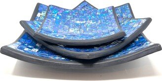 Blue Mosaic Plate Glass Vase Set Of 3 Hand Made Decorative Trays