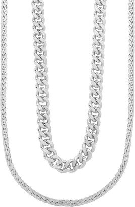 Rhodium-Plated Curb & Herringbone Chain Layered Necklace