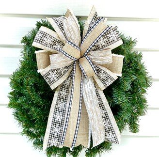 Tree Topper Bow, Farmhouse Christmas Wreath Rustic Country Lantern Winter Snowflake Ribbon