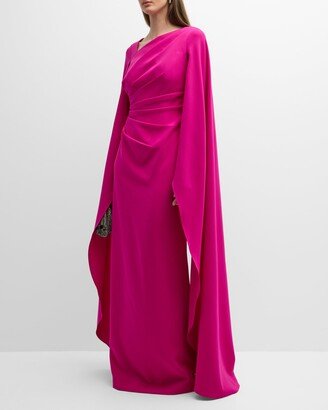 Pleated Cape-Sleeve Crepe Column Gown