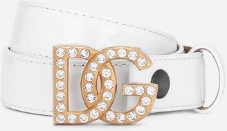 Polished calfskin belt with rhinestone-detailed logo