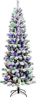 7.5FT Pre-Lit Hinged Christmas Tree Snow Flocked w/9 Modes Remote Control Lights