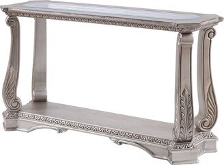 Antique Sofa Table with Polyresin Carvings and Clear Glass Top, Silver