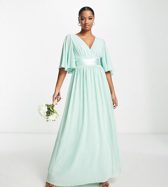 TFNC Petite Bridesmaid kimono sleeve pleated maxi dress with angel sleeve in fresh sage