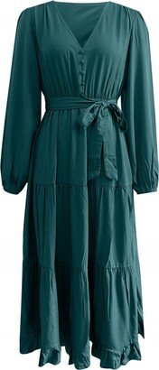 Generic Women's Fall Midi Dress Long Puff Sleeve Wrap V Neck Flowy Ruffle Pleated Casual Dresses Fall Clothes for Women 2023 Trendy Classy Wedding Guest Dresses Green