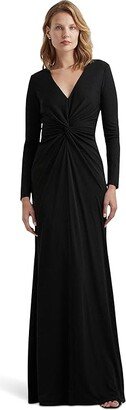 Twist-Front Stretch Jersey Gown (Black) Women's Dress