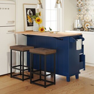 NOVABASA Farmhouse Kitchen Island set with fallen leaves and 2 seats, drawers and towel racks