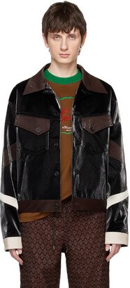 Black Crinkled Trucker Faux-Leather Jacket