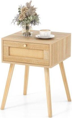 Slickblue Modern Rattan Nightstand with Drawer and Solid Wood Legs for Bedroom and Living Room