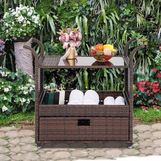 Outdoor Patio Wicker Rattan Serving Bar Cart Sideboard On Wheels Brown