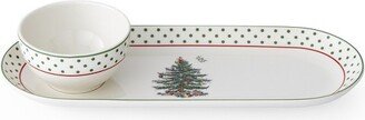 Christmas Tree 2-Piece Polka Dot Chip and Dip Serving Set, Oval Chips and Dip Serving Dish for Party