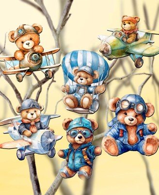 Holiday Wooden Clip-On Ornaments Aviator Teddy Bear Set of 6 G. DeBrekht