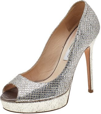 Metallic Champagne Lamè Glitter Fabric Dahlia Platform Peep Toe Pumps Size 37