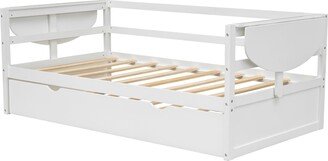 IGEMAN White Twin Size Daybed with Trundle and Foldable Shelves on Both Sides, 77.6''L*80.7''W*29.9''H, 94.5LBS