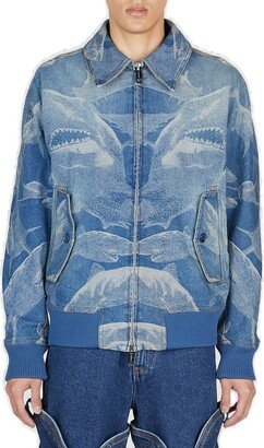 Shark Printed Zipped Denim Jacket