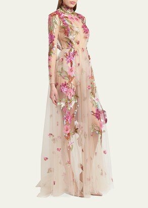 Embroidered Tulle Illusion Gown with Floral Details-AA