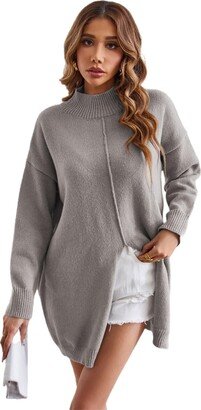 Meufam Women's Fashion Mock Turtleneck Sweater Long Batwing Sleeve Split Hem Casual Oversized Knit Pullover Tops (Gray