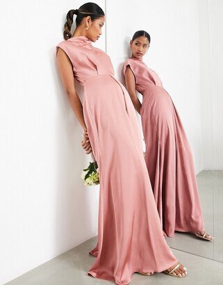 Bridesmaid satin cowl neck maxi dress with cut out back in dusky rose