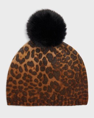 Leopard Print Cashmere & Faux Fur Pom Beanie