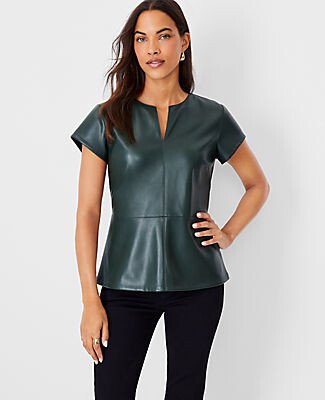 Faux Leather Seamed Split Neck Peplum Top