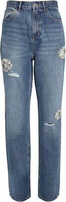 Distressed Crystal Straight Jeans