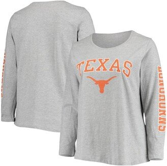 Women's Heathered Gray Texas Longhorns Plus Size Campus Arch Logo 2-Hit Scoop Neck Long Sleeve T-shirt