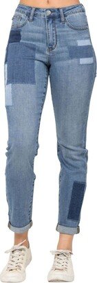 Judy Blue Denim Patched High Rise Cuffed Hem Jean In Medium Blue