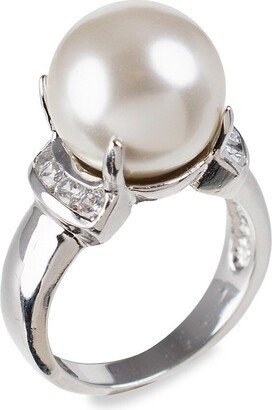 CZ by Kenneth Jay Lane Look Of Real Rhodium Plated 12MM Round Mother-Of-Pearl & Cubic Zirconia Ring