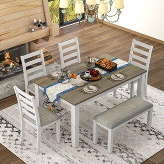 EHEK 6 Piece Dining Table Set, Rustic Dining Room Table Set with 4 Upholstered Chairs and Bench