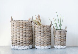 Storied Home Rattan Basket Storage with Dipped Base and Handles, Natural and White, Set of 3