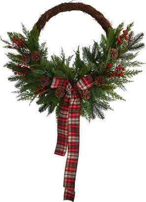 28in. Pine and Pinecone Artificial Christmas Wreath with Decorative Bow