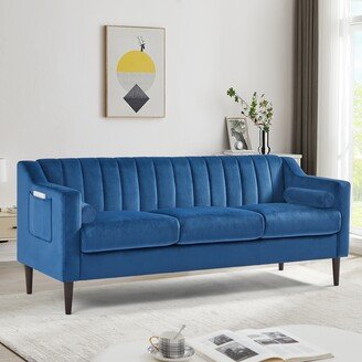 Calnod Velvet Upholstered Sofa - Comfortable Couch with Wooden Frame and Wood Legs - Blue Hue, 3 Seats of Relaxation