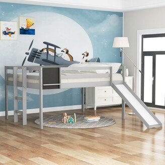 Calnod Full Size Loft Bed with Chalkboard and 13.7 Tall Guardrails, Wood Bed with Convertible Ladder and Slide, Gray