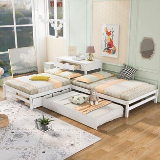 EDWINRAY Full Size L-shaped Platform Beds with Drawers Linked with Built-in Rectangle Table and Twin Size Trundle.-AA