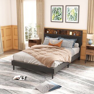 Modern Queen Size Upholstered Platform Bed with Storage Headboard and USB Port