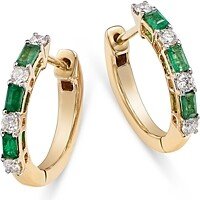 Emerald & Diamond Huggie Hoop Earrings in 14K Yellow Gold