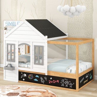 IGEMAN Twin Size Semi-enclosed Play House Bed Canopy Bed Wood Platform Bed with Roof / 2 Window /Decorate Blackboard / Little Shelf