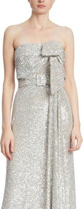 Strapless Metallic Sequined Gown With Bow