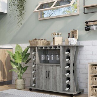 DH BASIC Vintage Grey Oak Mobile Buffet Bar Table with Wine Storage by Denhour