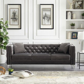 EDWINRAYLLC Modern Velvet 3-Seater Sofa Set Jeweled Buttons Tufted Square Arm Couch, 2 Pillows Included, Livingroom, Reception Hall